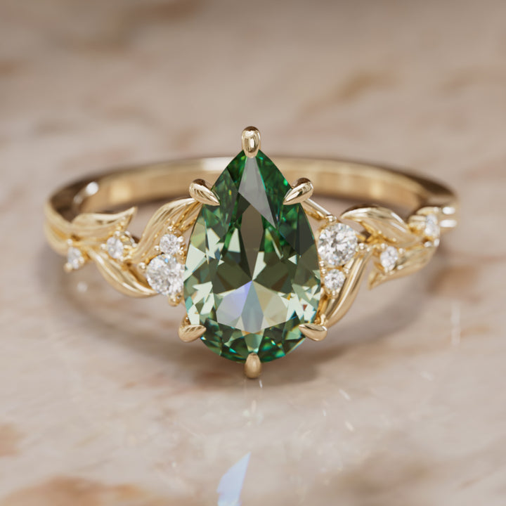 Celria Pear Green Sapphire Engagement Flower Ring Nature Inspired (Setting Only) By Valley Rose