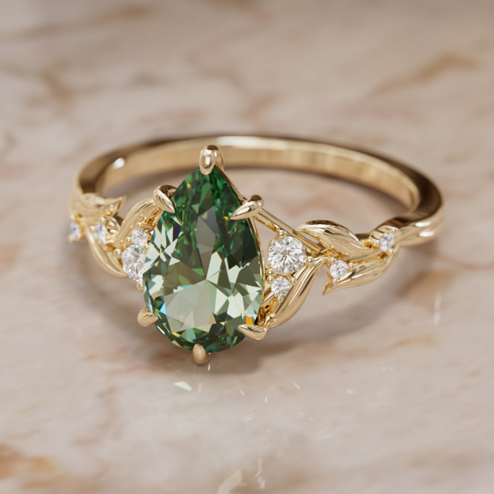 Celria Pear Green Sapphire Engagement Flower Ring Nature Inspired (Setting Only) By Valley Rose