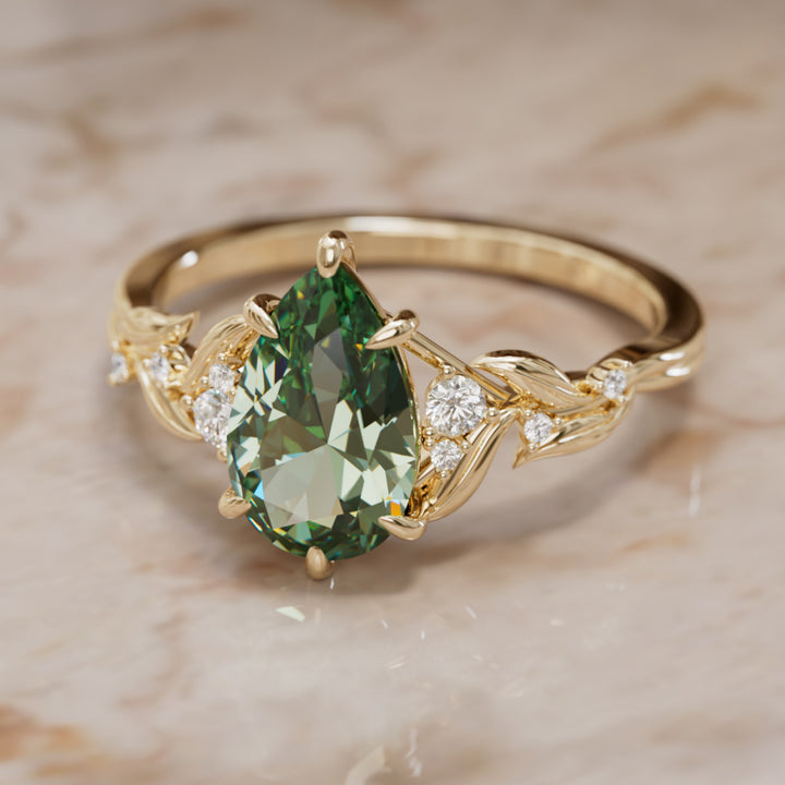 Celria Pear Green Sapphire Engagement Flower Ring Nature Inspired (Setting Only) By Valley Rose