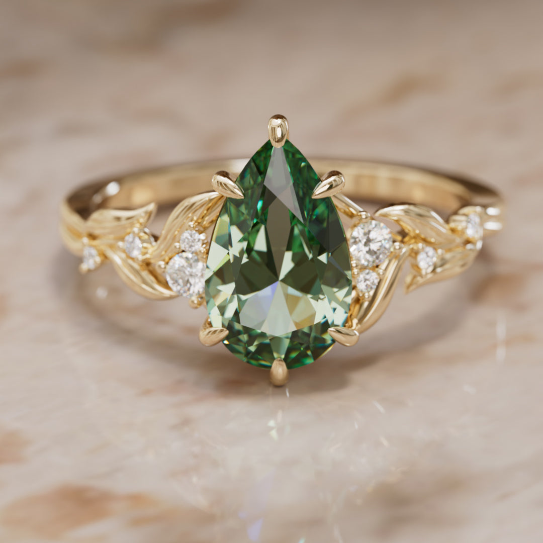 Celria Pear Green Sapphire Engagement Flower Ring Nature Inspired (Setting Only) By Valley Rose