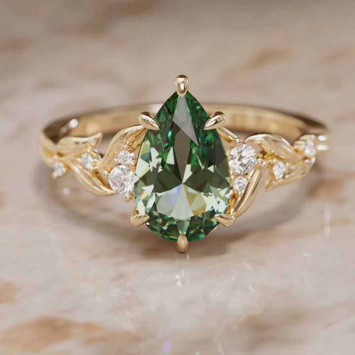 Celria Pear Green Sapphire Engagement Flower Ring Nature Inspired (Setting Only) By Valley Rose