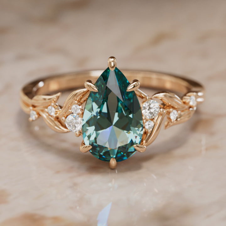 Celria Pear Teal Sapphire Engagement Flower Ring Nature Inspired (Setting Only) By Valley Rose