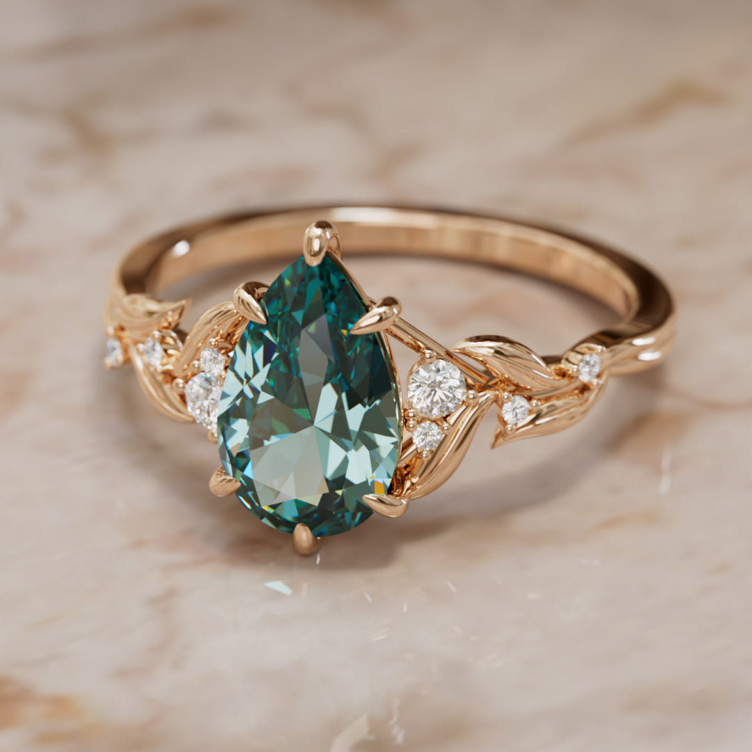 Celria Pear Teal Sapphire Engagement Flower Ring Nature Inspired (Setting Only) By Valley Rose
