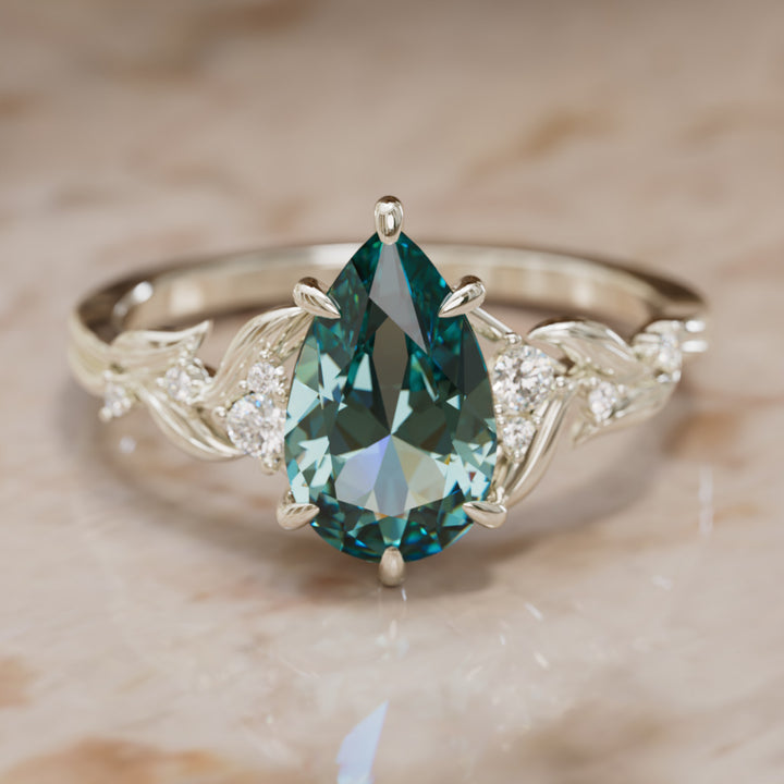Celria Pear Teal Sapphire Engagement Flower Ring Nature Inspired (Setting Only) By Valley Rose