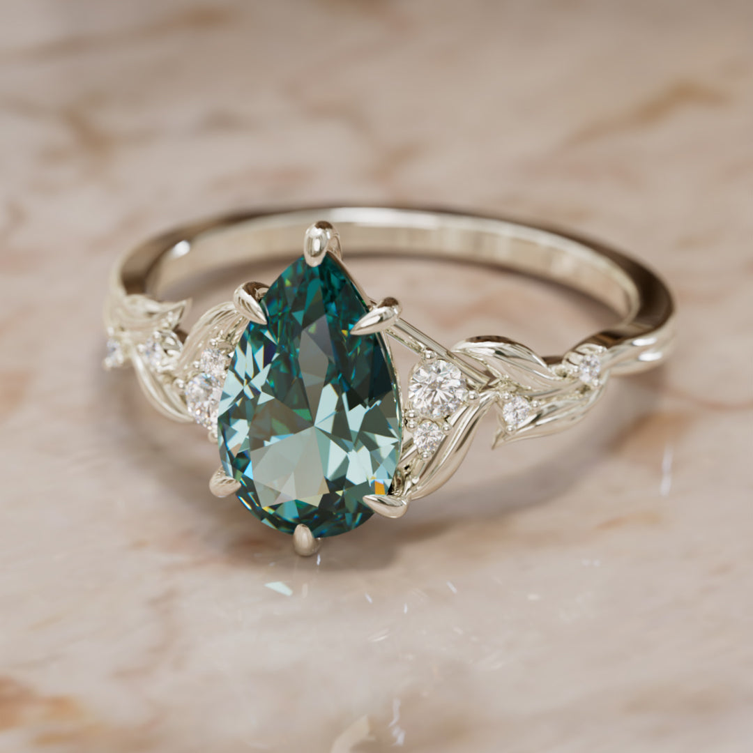 Celria Pear Teal Sapphire Engagement Flower Ring Nature Inspired (Setting Only) By Valley Rose