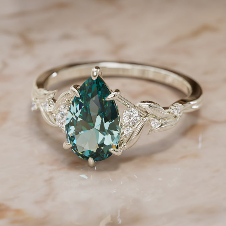 Celria Pear Teal Sapphire Engagement Flower Ring Nature Inspired (Setting Only) By Valley Rose
