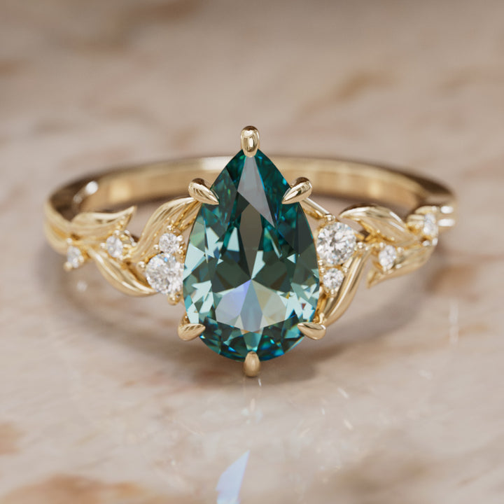 Celria Pear Teal Sapphire Engagement Flower Ring Nature Inspired (Setting Only) By Valley Rose