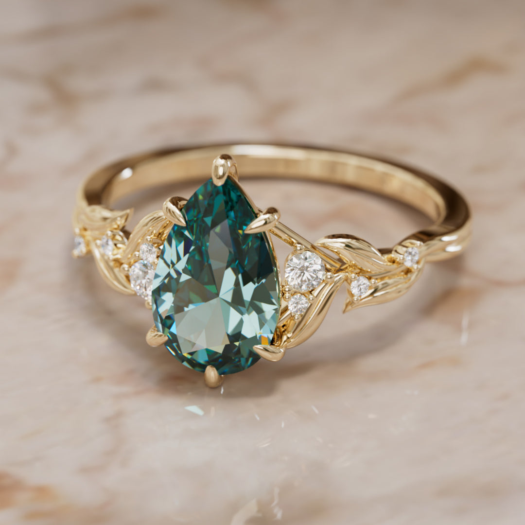 Celria Pear Teal Sapphire Engagement Flower Ring Nature Inspired (Setting Only) By Valley Rose