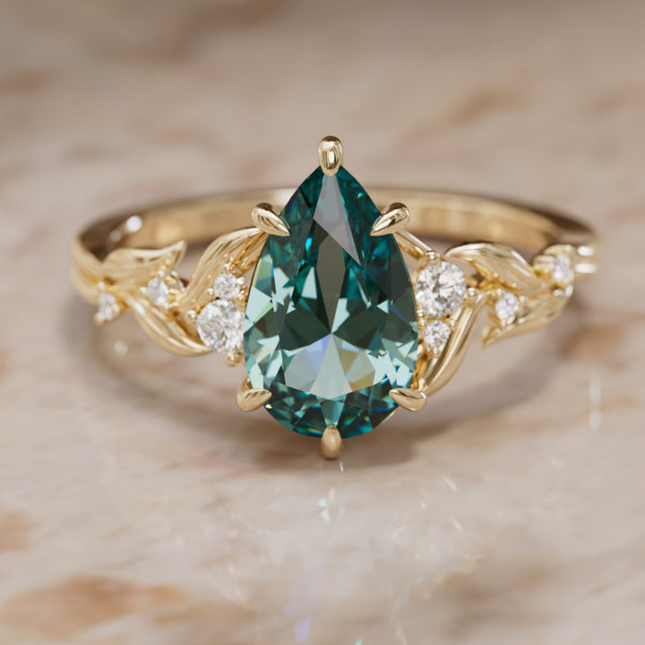 Celria Pear Teal Sapphire Engagement Flower Ring Nature Inspired (Setting Only) By Valley Rose