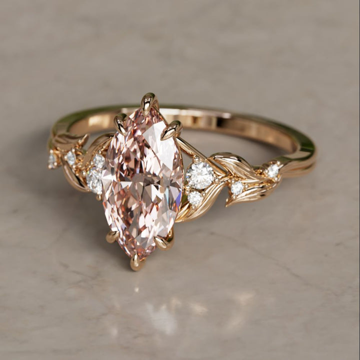 Lab Diamond Engagement Ring: Celria Pink Marquise Cut Flower Ring Nature Inspired
