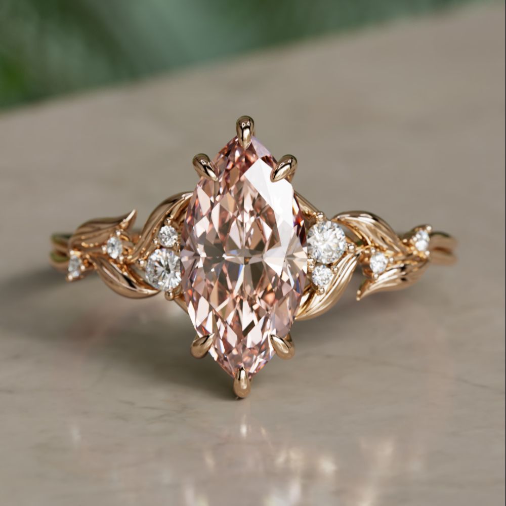 Lab Diamond Engagement Ring: Celria Pink Marquise Cut Flower Ring Nature Inspired