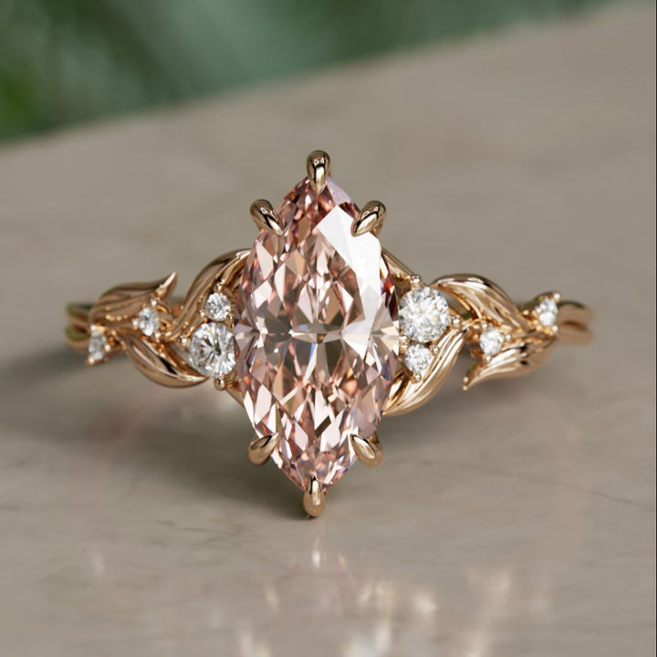 Lab Diamond Engagement Ring: Celria Pink Marquise Cut Flower Ring Nature Inspired