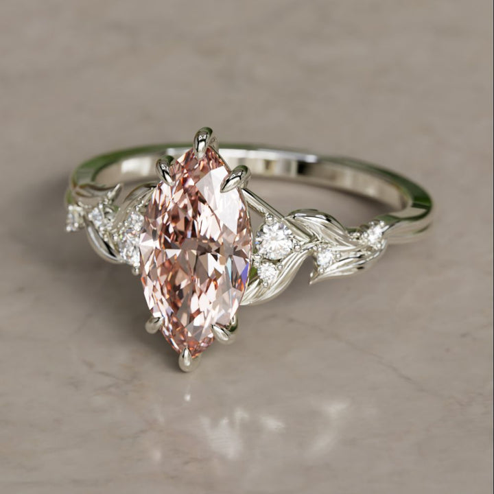 Lab Diamond Engagement Ring: Celria Pink Marquise Cut Flower Ring Nature Inspired