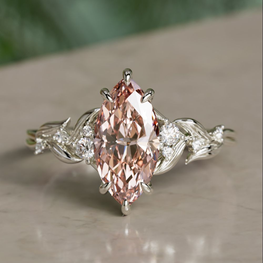 Lab Diamond Engagement Ring: Celria Pink Marquise Cut Flower Ring Nature Inspired
