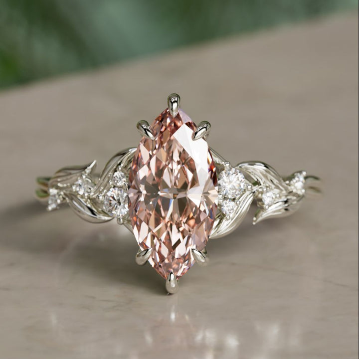 Lab Diamond Engagement Ring: Celria Pink Marquise Cut Flower Ring Nature Inspired