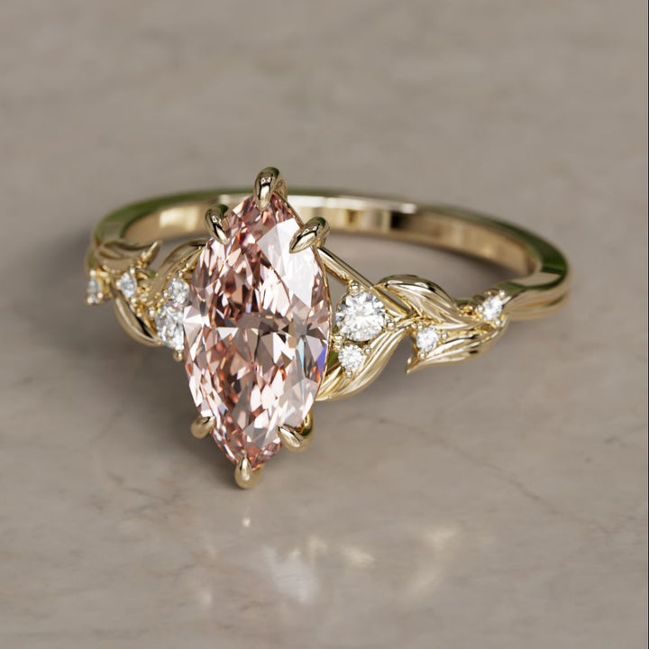 Lab Diamond Engagement Ring: Celria Pink Marquise Cut Flower Ring Nature Inspired