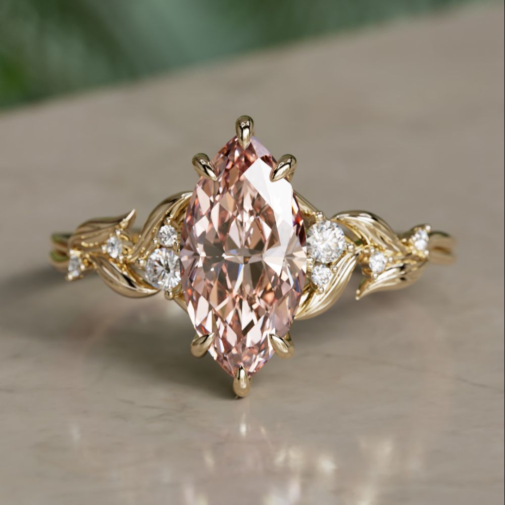 Lab Diamond Engagement Ring: Celria Pink Marquise Cut Flower Ring Nature Inspired