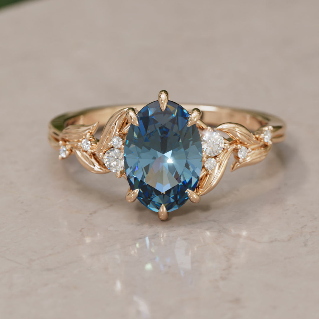 Celria Oval Blue Sapphire Fantasy Engagement Ring Nature Inspired with Leaves (Setting Only) By Valley Rose