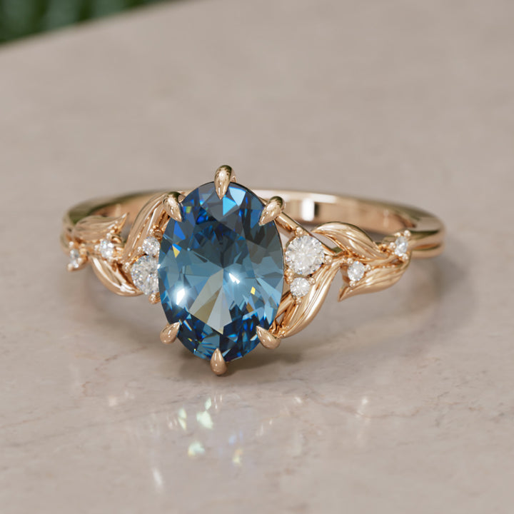 Celria Oval Blue Sapphire Fantasy Engagement Ring Nature Inspired with Leaves (Setting Only) By Valley Rose
