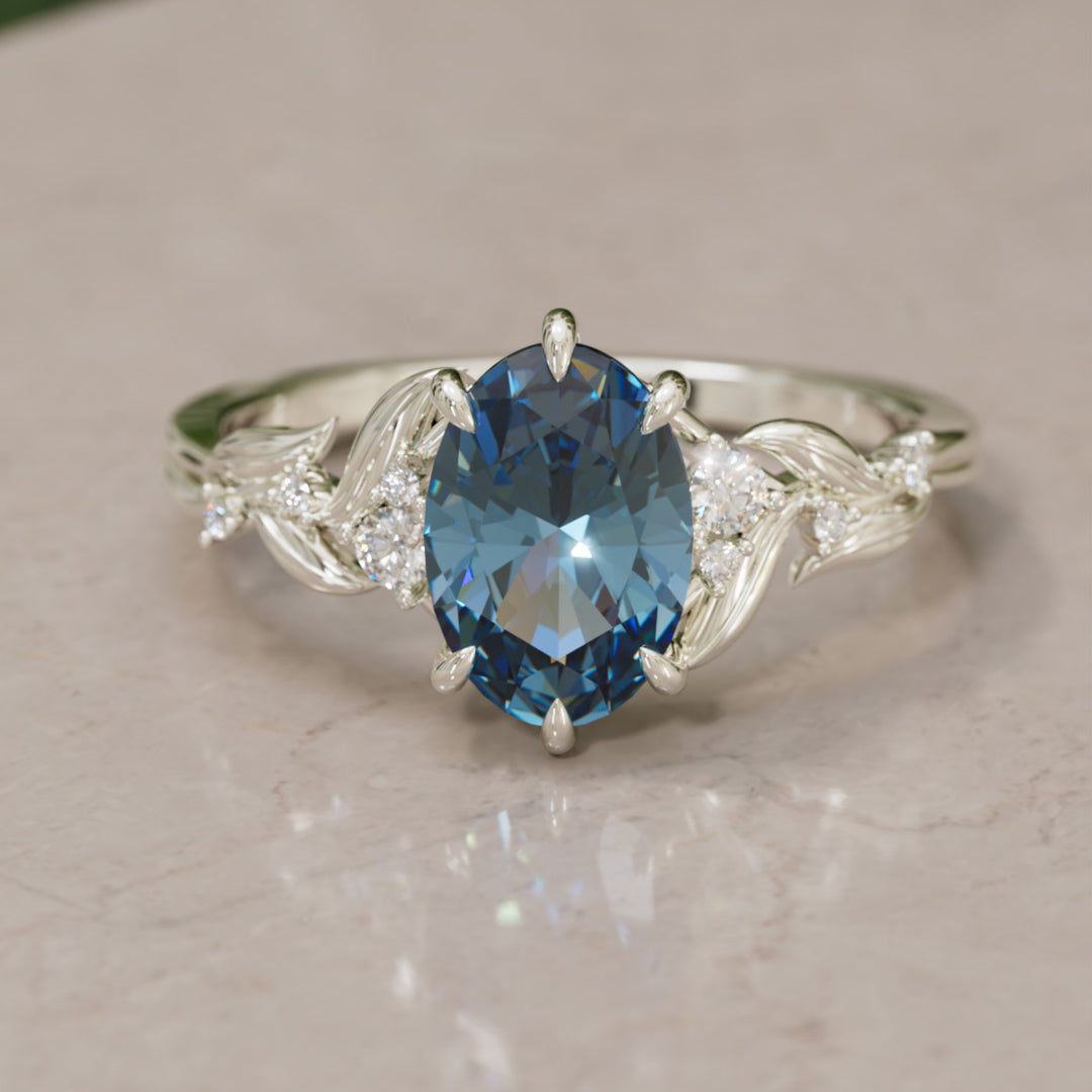 Celria Oval Blue Sapphire Fantasy Engagement Ring Nature Inspired with Leaves (Setting Only) By Valley Rose