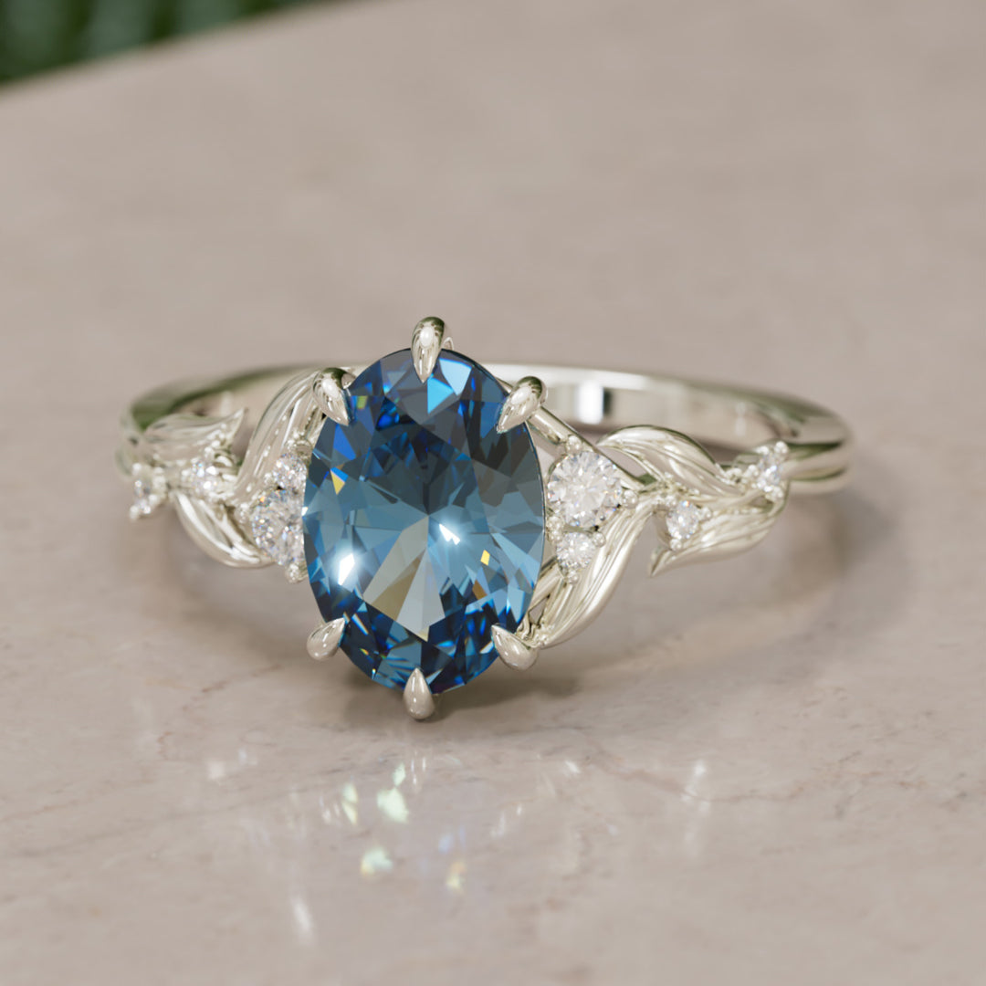 Celria Oval Blue Sapphire Fantasy Engagement Ring Nature Inspired with Leaves (Setting Only) By Valley Rose