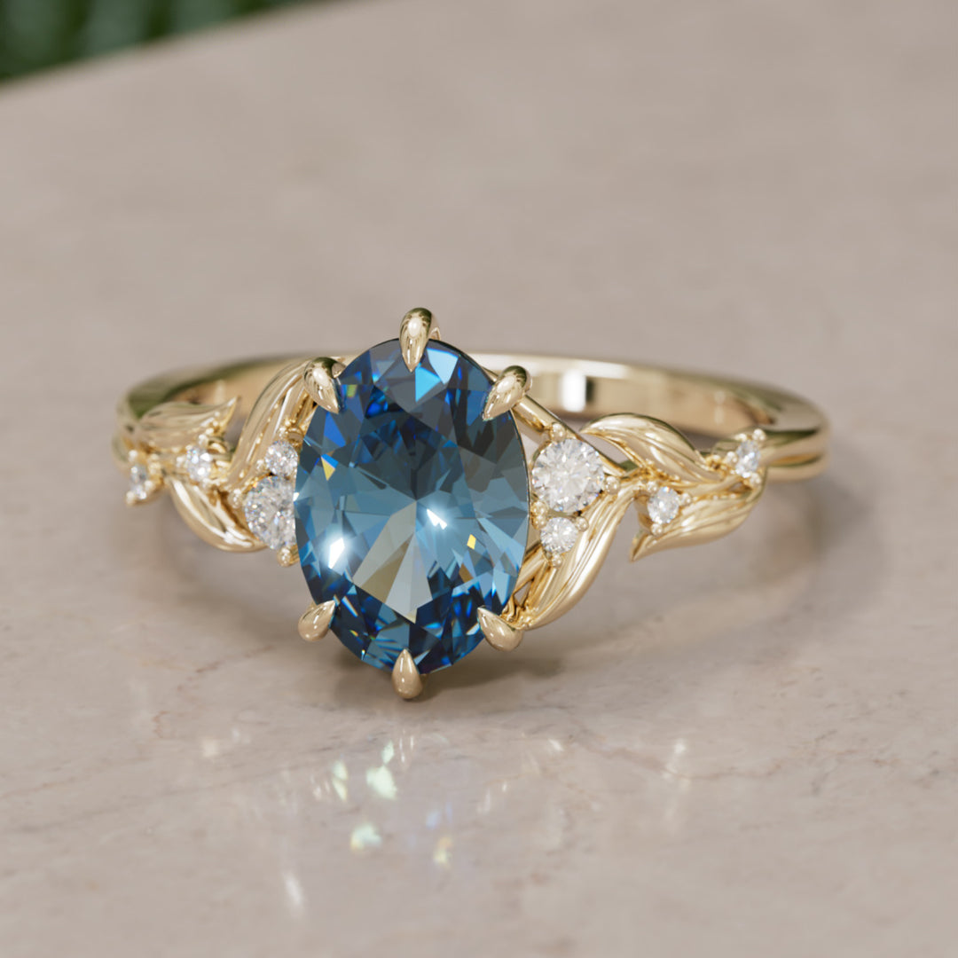 Celria Oval Blue Sapphire Fantasy Engagement Ring Nature Inspired with Leaves (Setting Only) By Valley Rose
