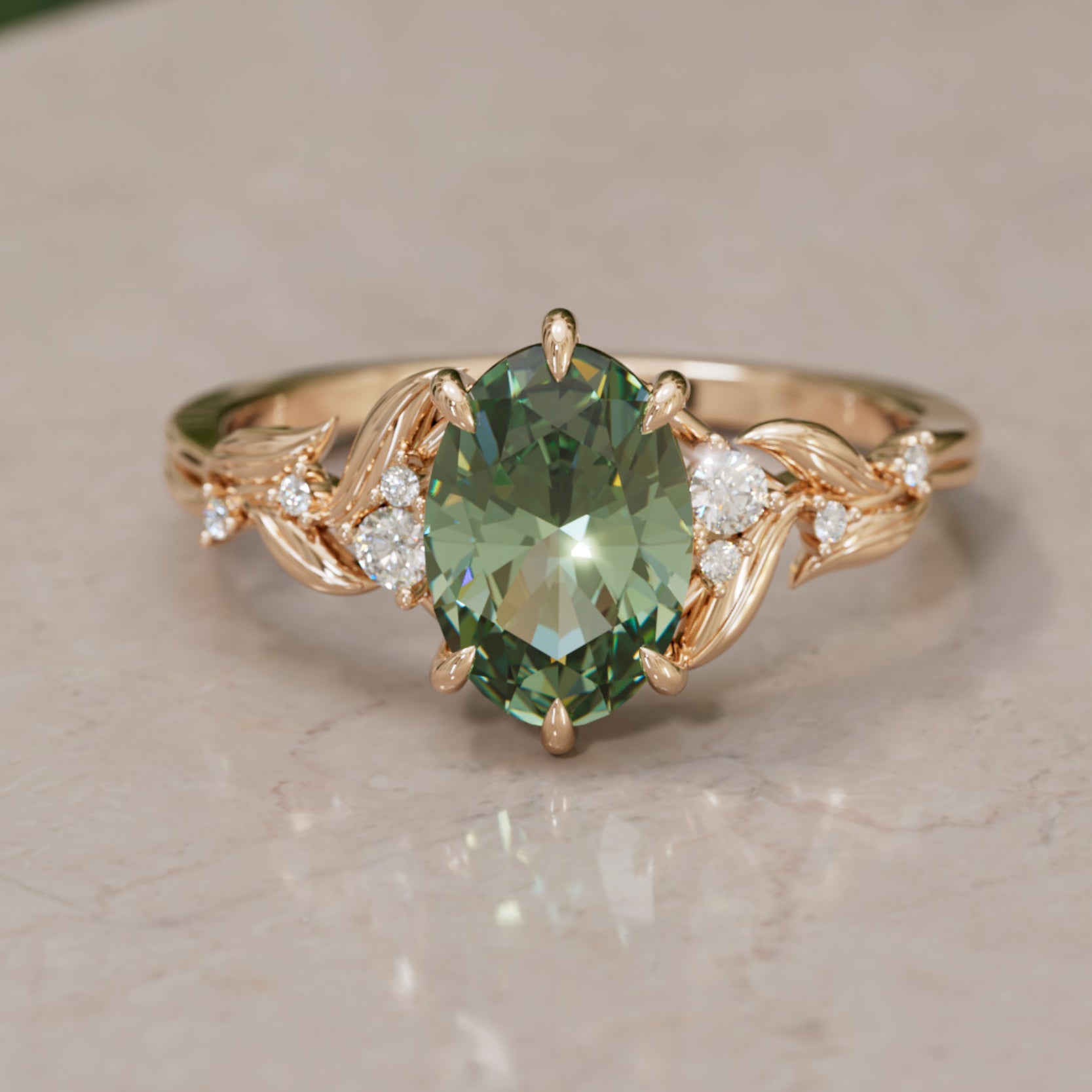 Celria Oval Green Sapphire Fantasy Engagement Ring Nature Inspired