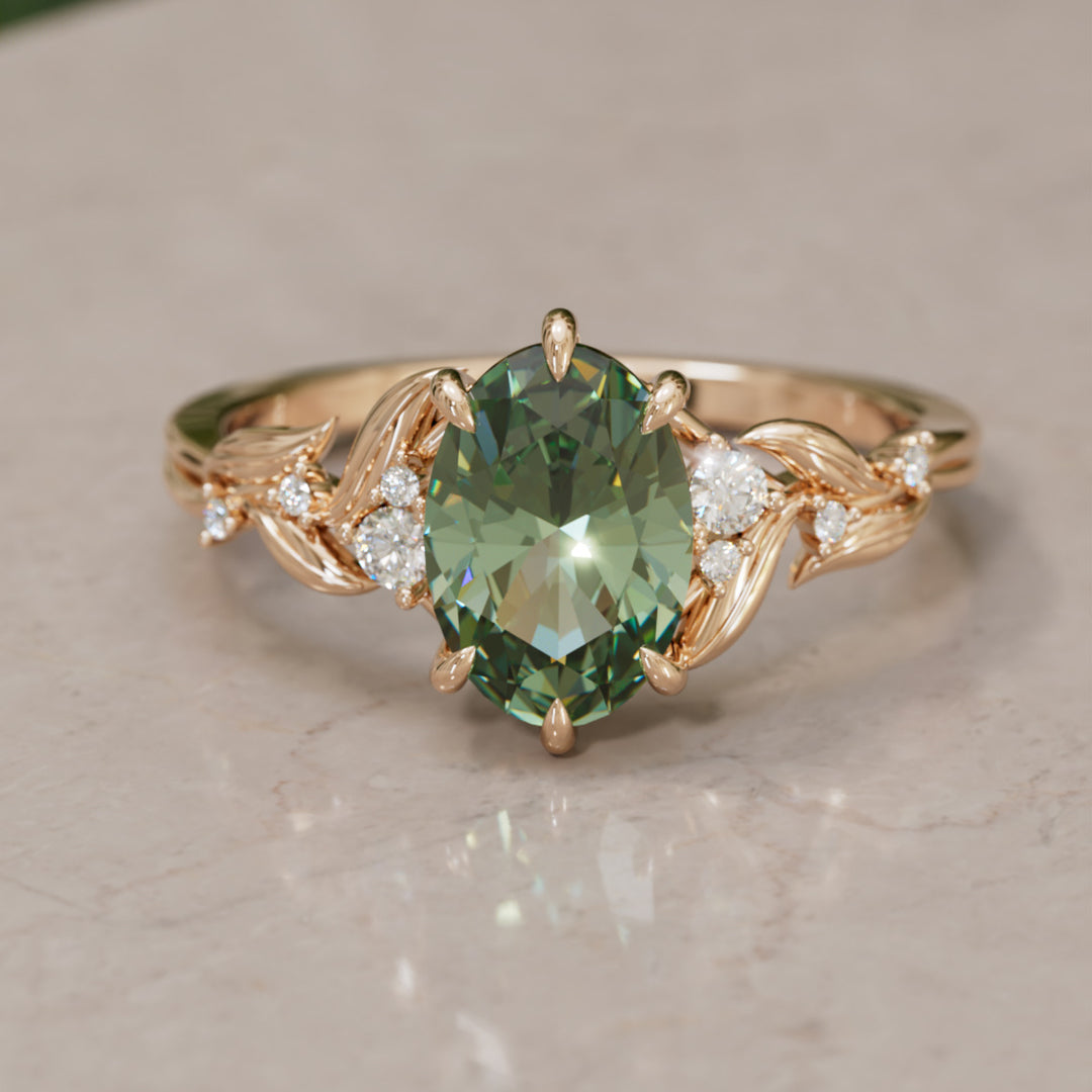 Celria Oval Green Sapphire Fantasy Engagement Ring Nature Inspired with Leaves (Setting Only) By Valley Rose