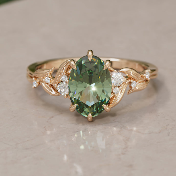 Celria Oval Green Sapphire Fantasy Engagement Ring Nature Inspired with Leaves (Setting Only) By Valley Rose