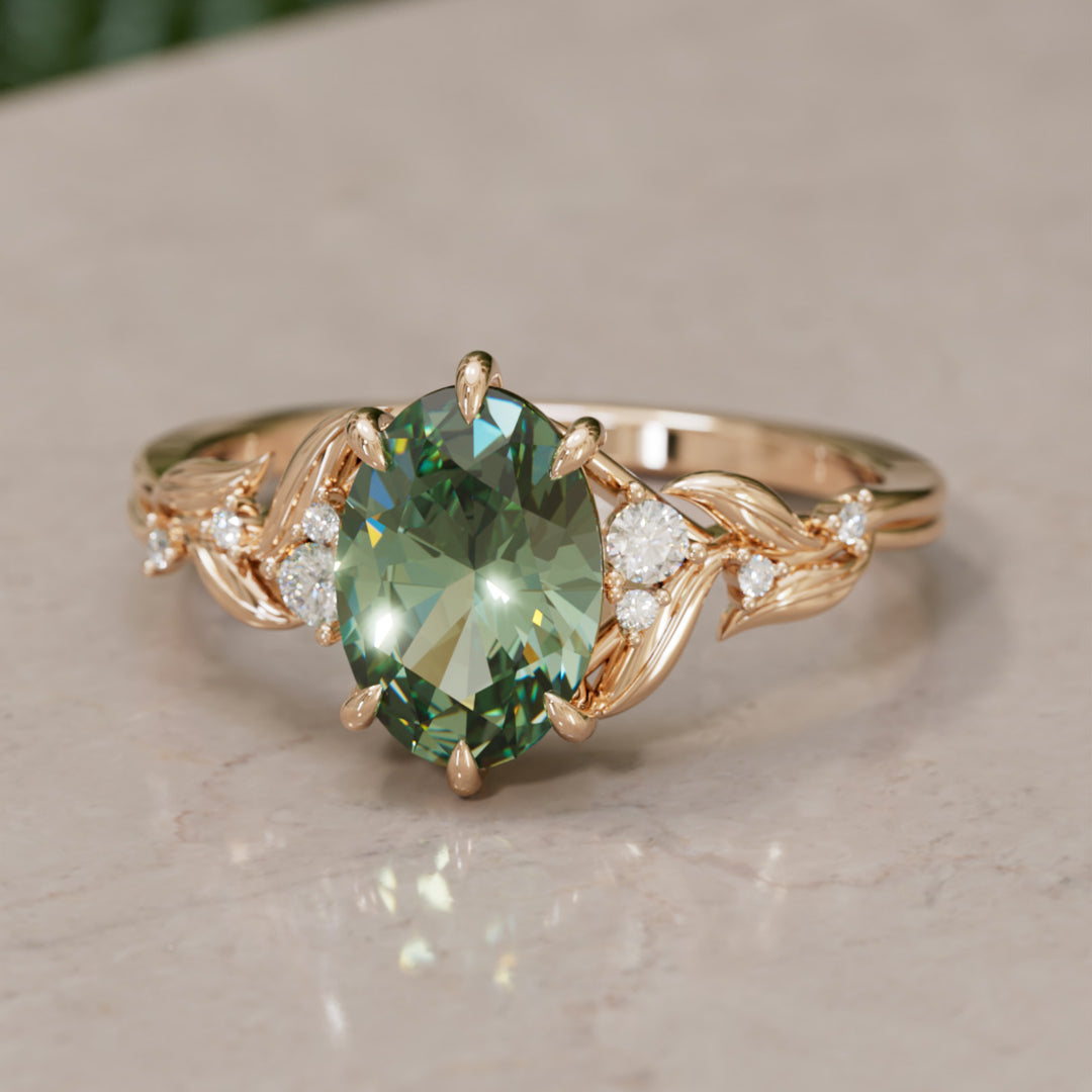 Celria Oval Green Sapphire Fantasy Engagement Ring Nature Inspired with Leaves (Setting Only) By Valley Rose
