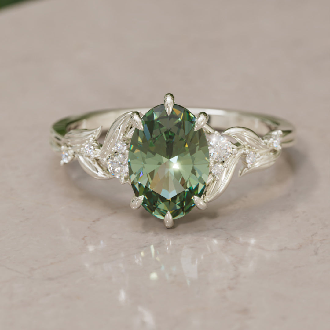 Celria Oval Green Sapphire Fantasy Engagement Ring Nature Inspired with Leaves (Setting Only) By Valley Rose