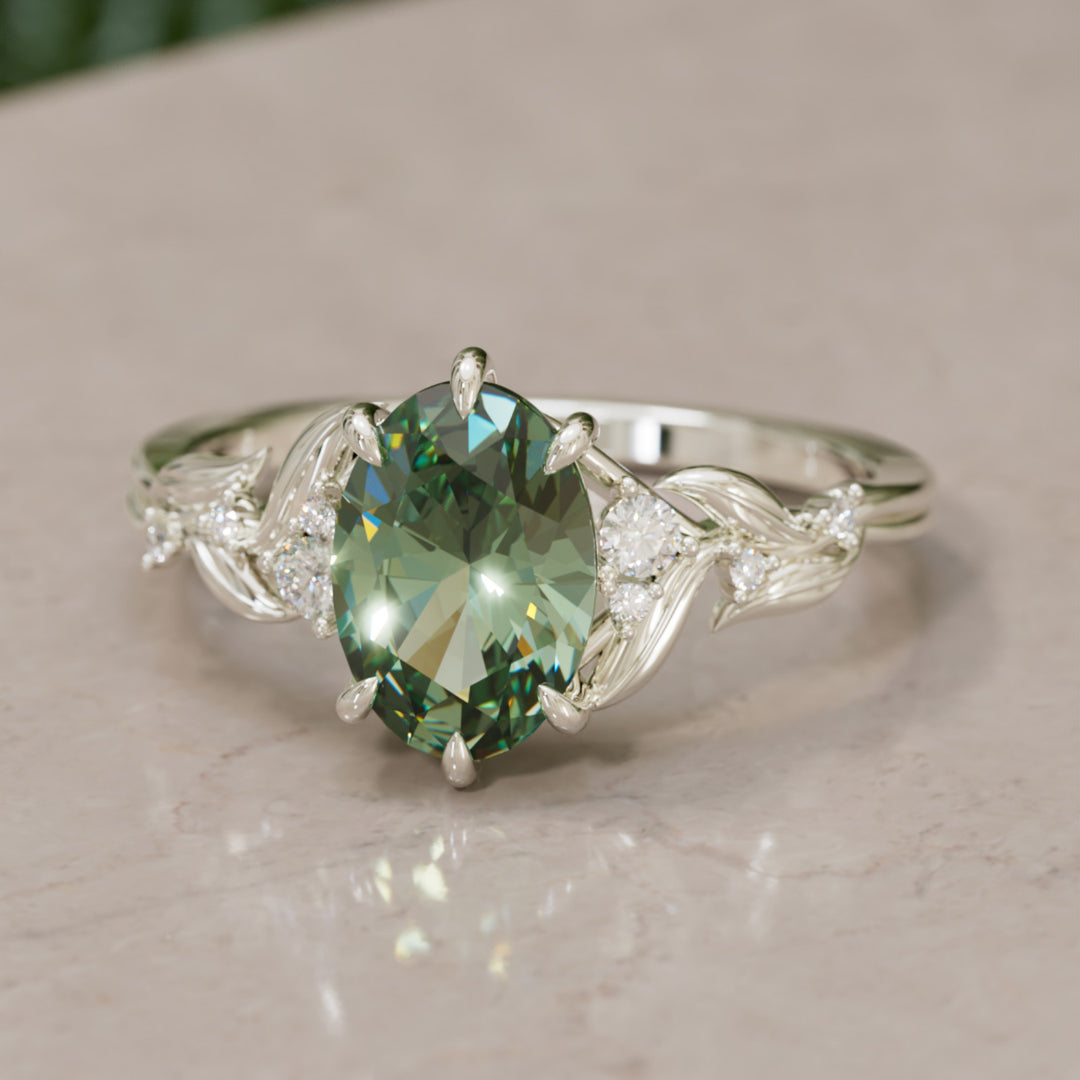 Celria Oval Green Sapphire Fantasy Engagement Ring Nature Inspired with Leaves (Setting Only) By Valley Rose