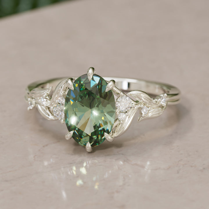 Celria Oval Green Sapphire Fantasy Engagement Ring Nature Inspired with Leaves (Setting Only) By Valley Rose