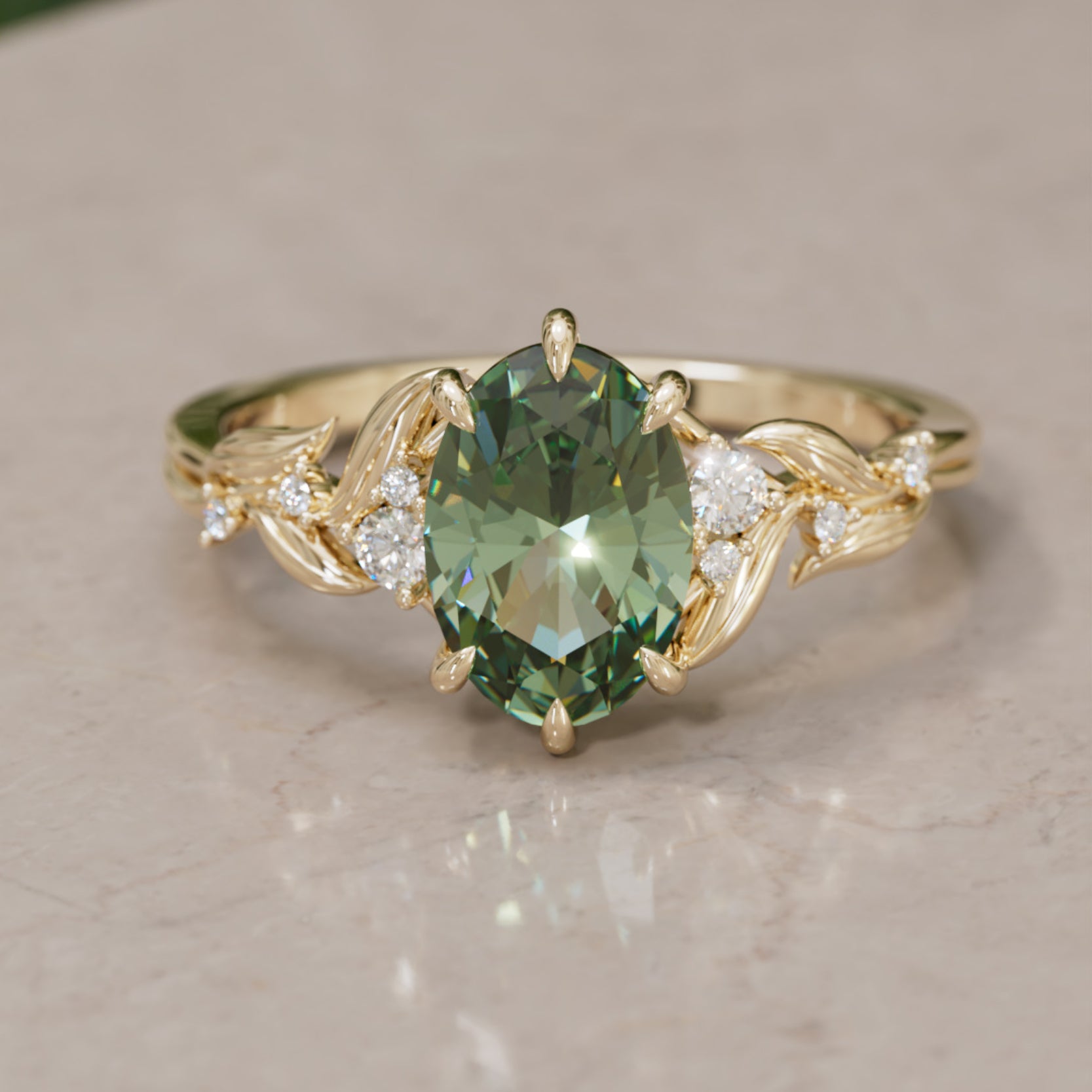 Celria Oval Green Sapphire Fantasy Engagement Ring Nature Inspired