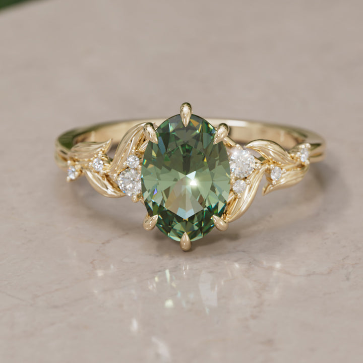 Celria Oval Green Sapphire Fantasy Engagement Ring Nature Inspired with Leaves (Setting Only) By Valley Rose