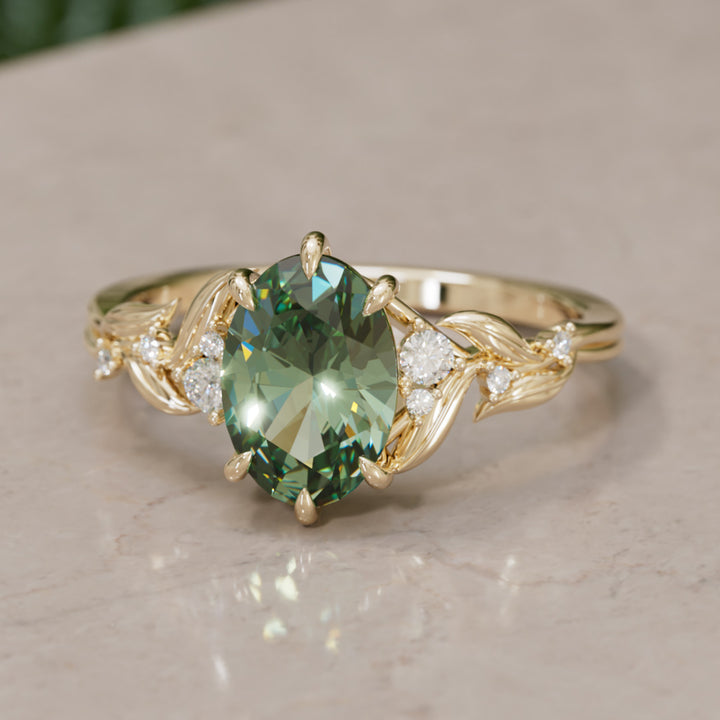Celria Oval Green Sapphire Fantasy Engagement Ring Nature Inspired with Leaves (Setting Only) By Valley Rose