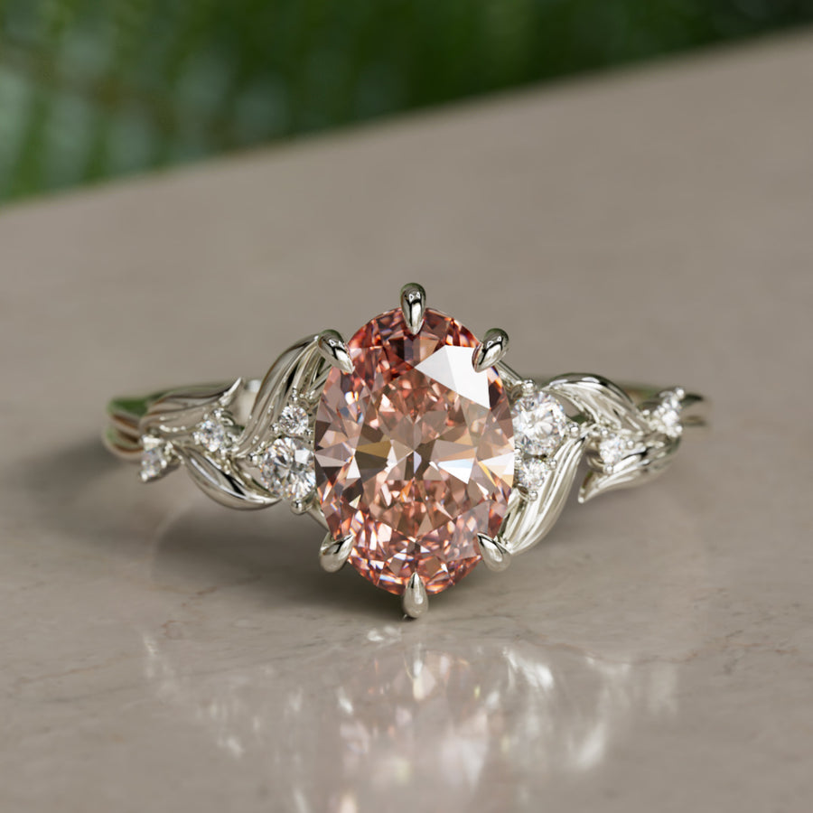 Celria Oval Pink Lab Diamond Fantasy Engagement Ring Nature Inspired with Leaves (Setting Only) By Valley Rose