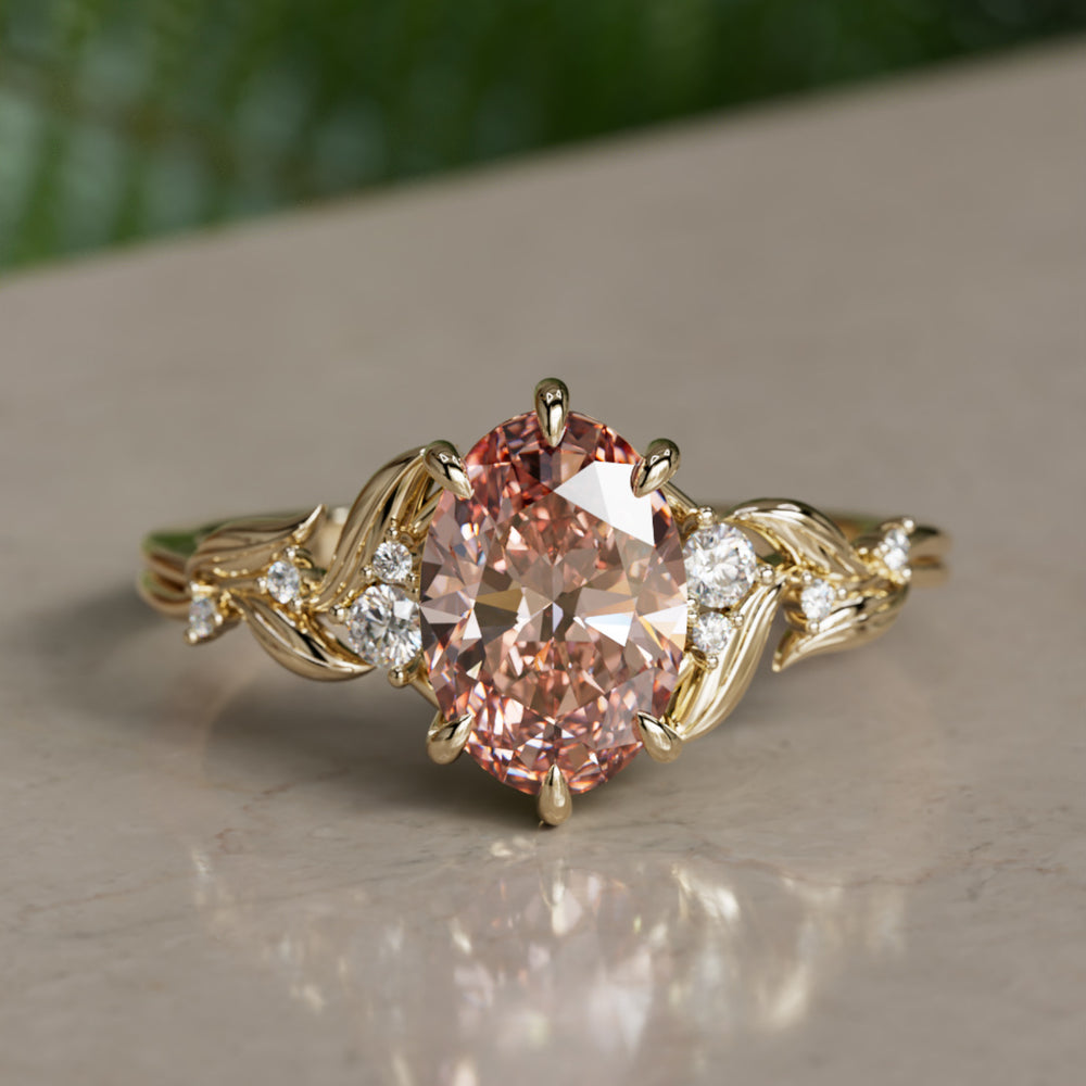 Celria Oval Pink Lab Diamond Fantasy Engagement Ring Nature Inspired with Leaves (Setting Only) By Valley Rose