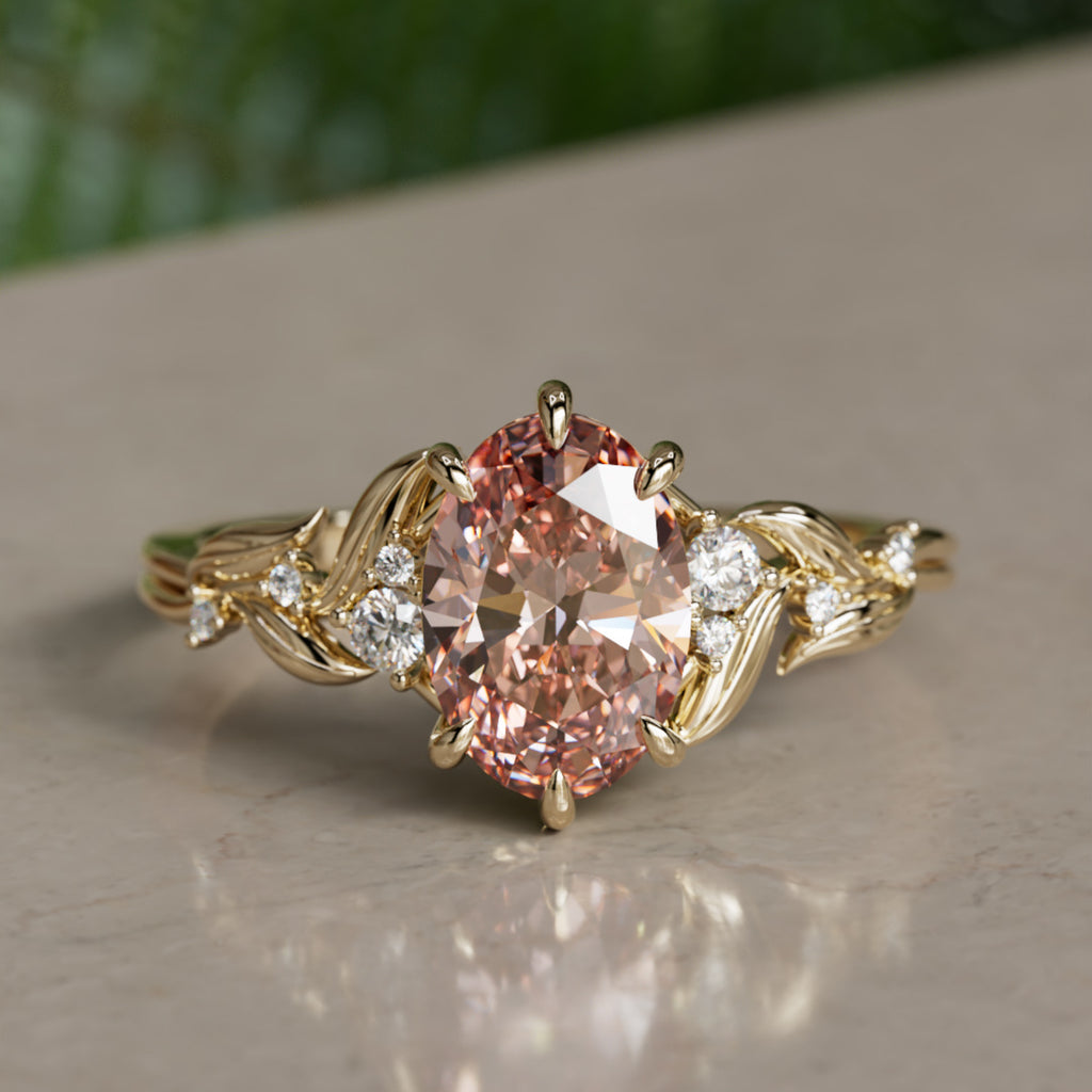 Celria Oval Pink Lab Diamond Fantasy Engagement Ring Nature Inspired with Leaves (Setting Only) By Valley Rose