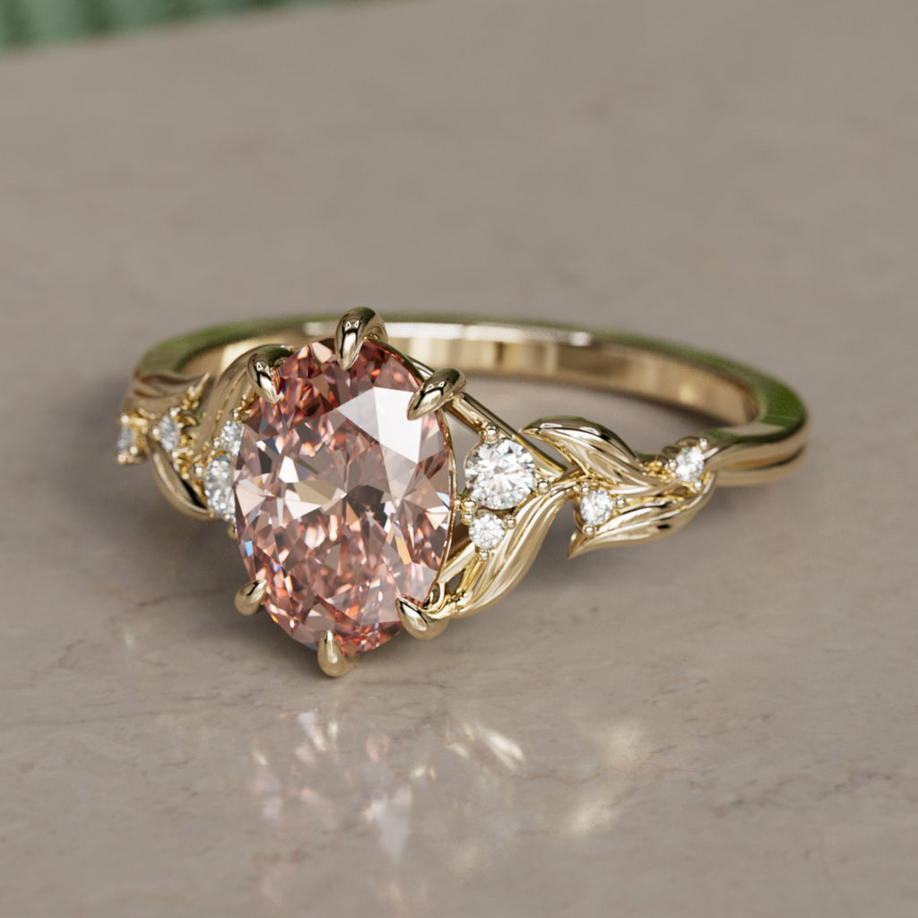 Celria Oval Pink Lab Diamond Fantasy Engagement Ring Nature Inspired with Leaves (Setting Only) By Valley Rose
