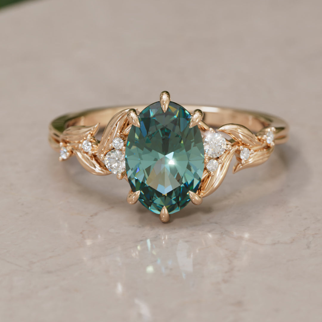 Celria Oval Teal Sapphire Fantasy Engagement Ring Nature Inspired with Leaves (Setting Only) By Valley Rose