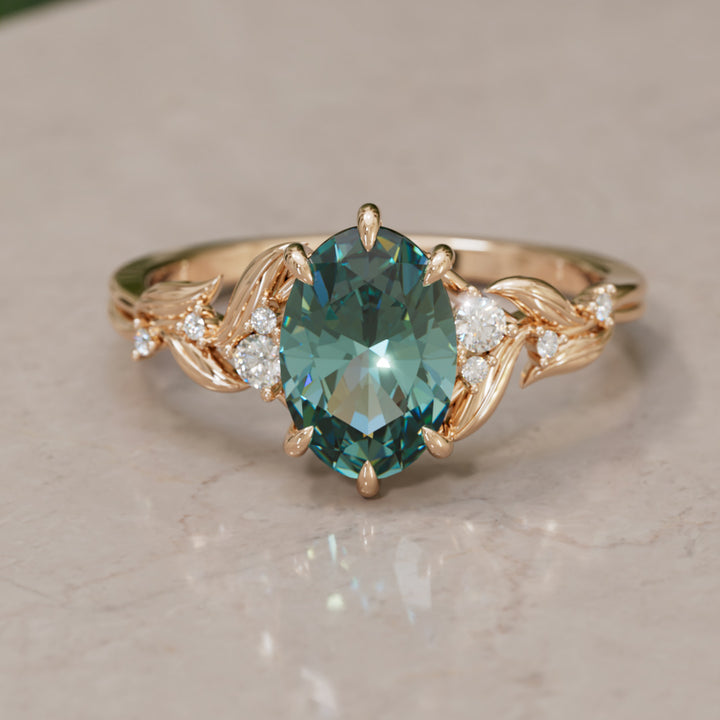 Celria Oval Teal Sapphire Fantasy Engagement Ring Nature Inspired with Leaves (Setting Only) By Valley Rose