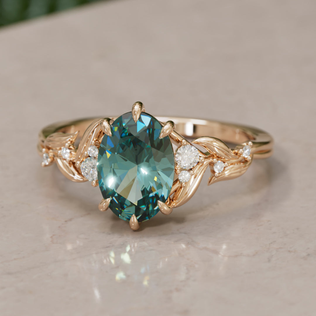 Celria Oval Teal Sapphire Fantasy Engagement Ring Nature Inspired with Leaves (Setting Only) By Valley Rose
