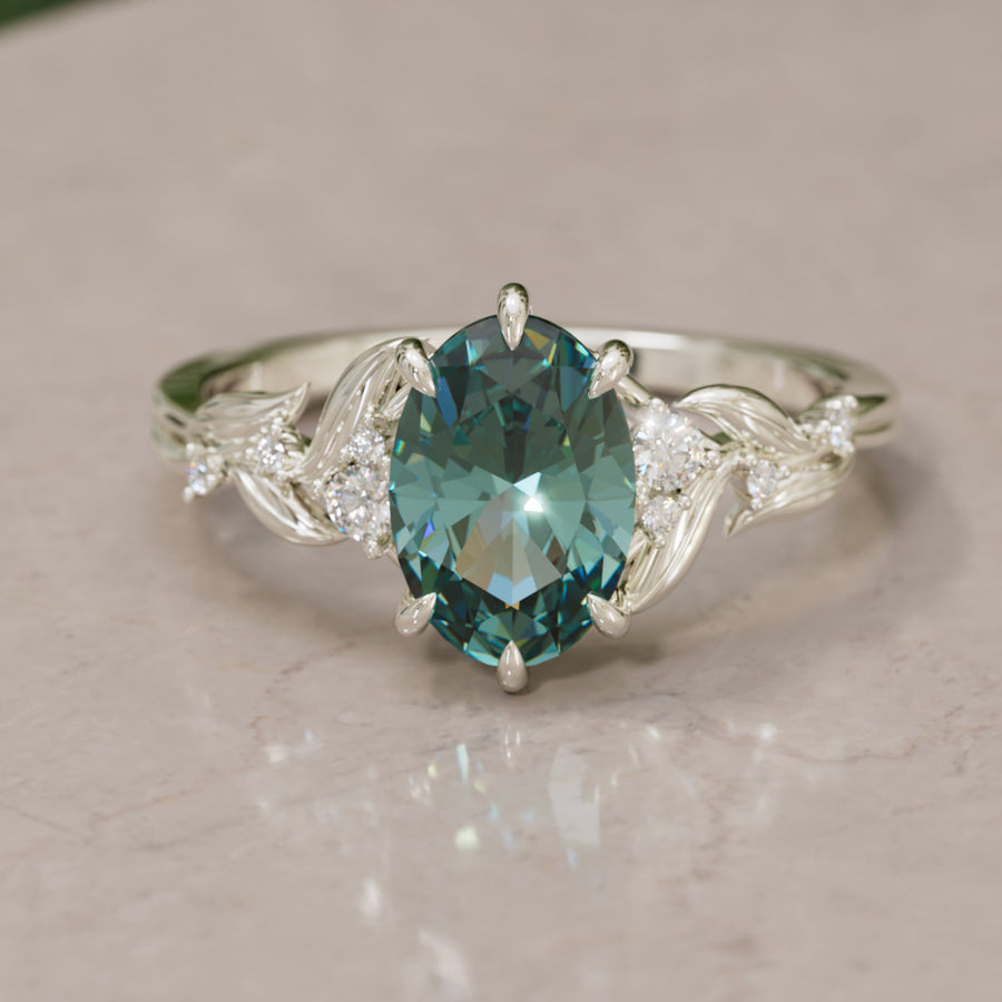 Celria Oval Teal Sapphire Fantasy Engagement Ring Nature Inspired with Leaves (Setting Only) By Valley Rose