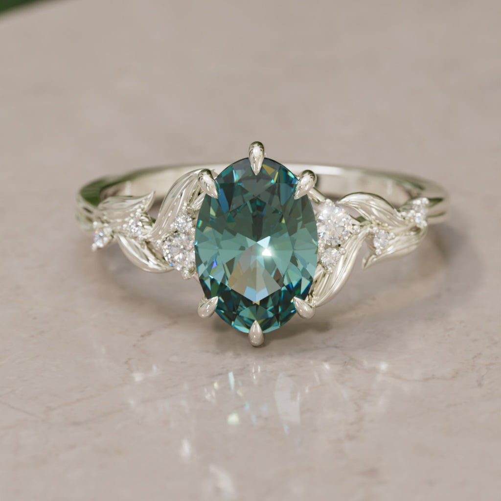 Celria Oval Teal Sapphire Fantasy Engagement Ring Nature Inspired with Leaves (Setting Only) By Valley Rose