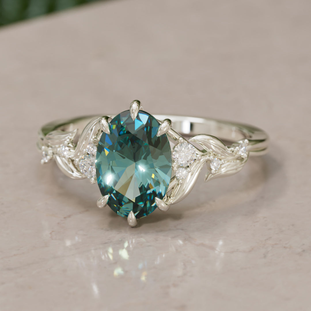 Celria Oval Teal Sapphire Fantasy Engagement Ring Nature Inspired with Leaves (Setting Only) By Valley Rose