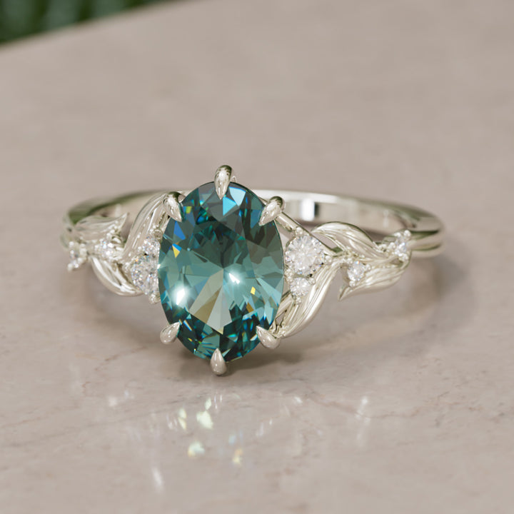 Celria Oval Teal Sapphire Fantasy Engagement Ring Nature Inspired with Leaves (Setting Only) By Valley Rose