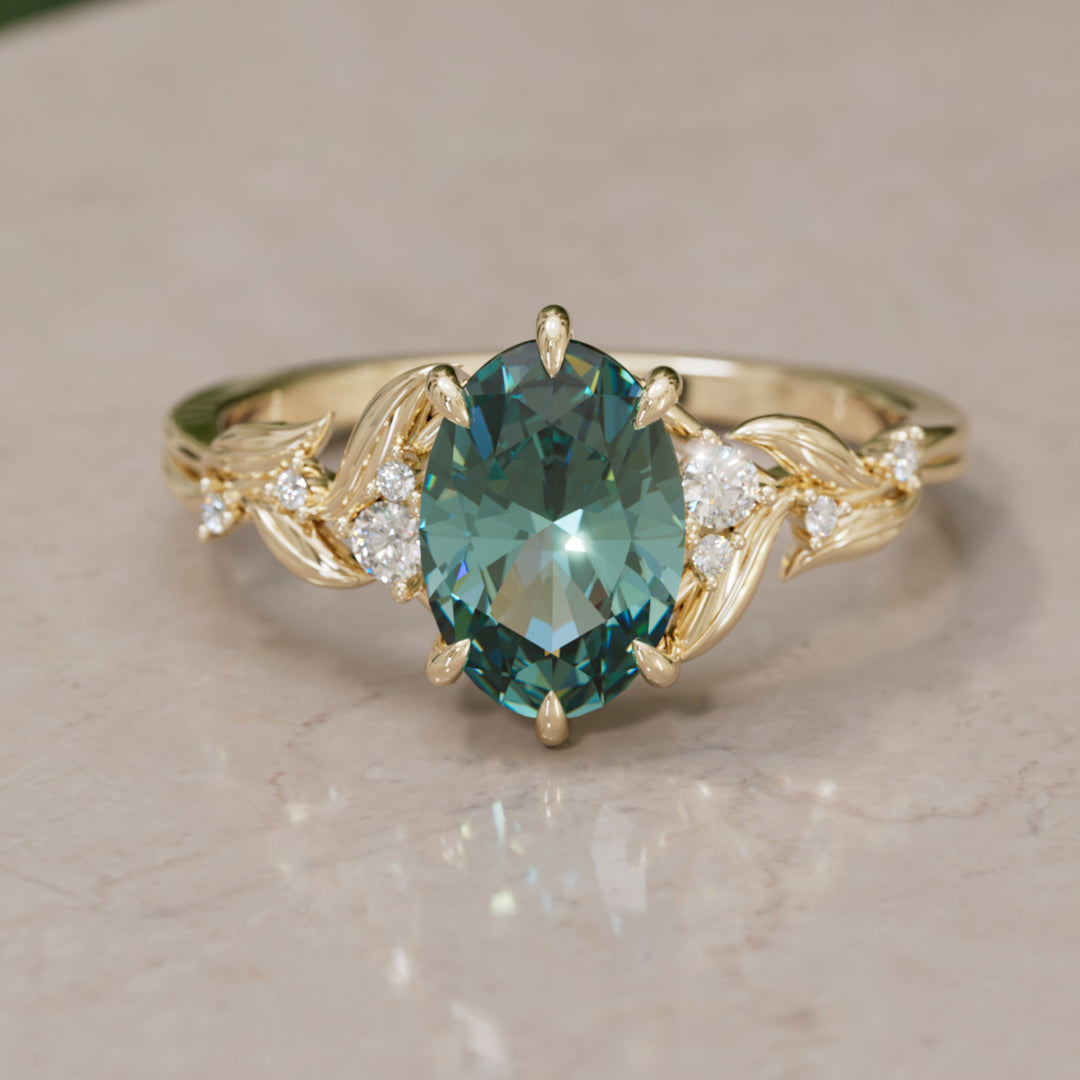 Celria Oval Teal Sapphire Fantasy Engagement Ring Nature Inspired with Leaves (Setting Only) By Valley Rose