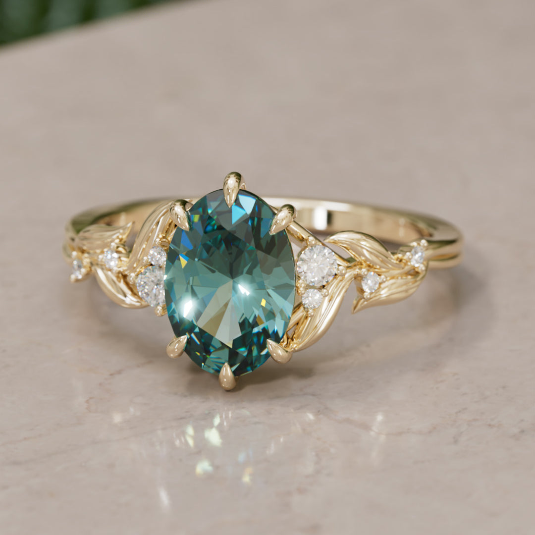 Celria Oval Teal Sapphire Fantasy Engagement Ring Nature Inspired with Leaves (Setting Only) By Valley Rose
