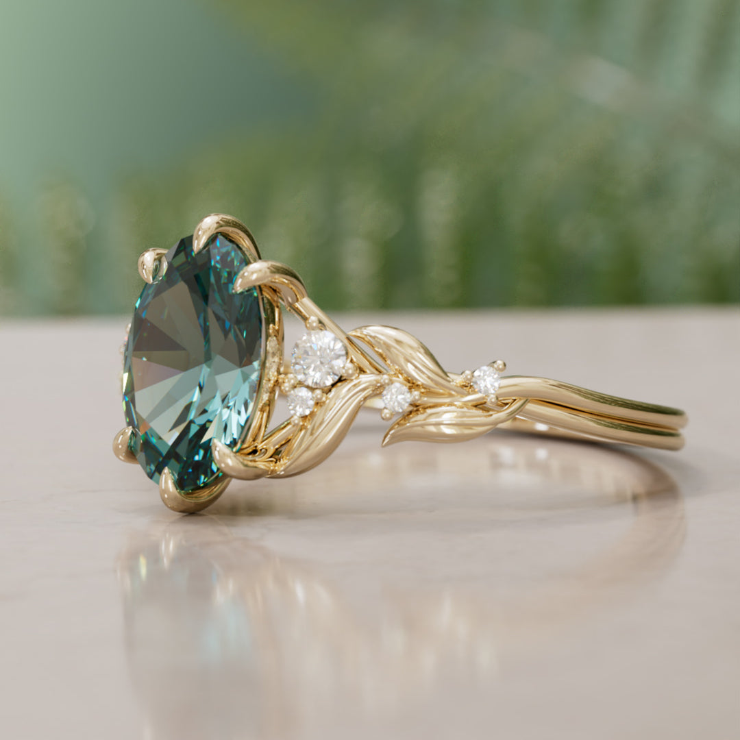 Celria Oval Teal Sapphire Fantasy Engagement Ring Nature Inspired with Leaves (Setting Only) By Valley Rose